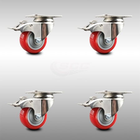 Service Caster 3.5 Inch 316SS Red Polyurethane Swivel Top Plate Caster Set Total Lock Brake SCC-SS316TTL20S3514-PPUB-RED-4